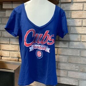 MLB Women's Blue Chicago Cubs Baseball T-Shirt. V-neck.